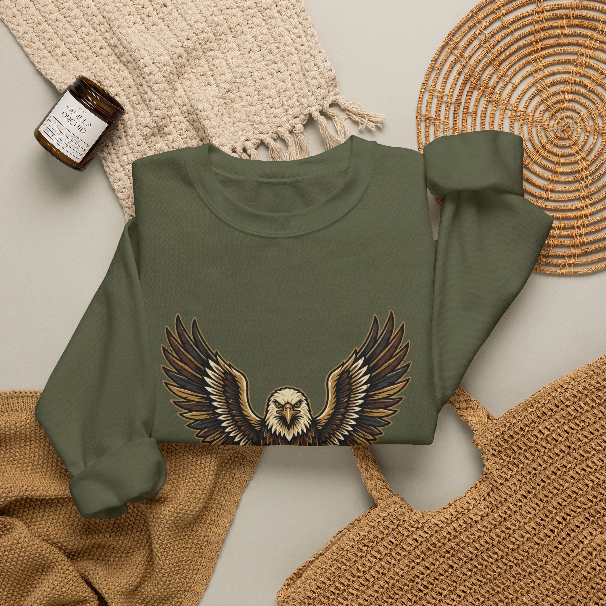 Eagle Graphic Crewneck Sweatshirt — Vintage Bald Eagle Wings Design
