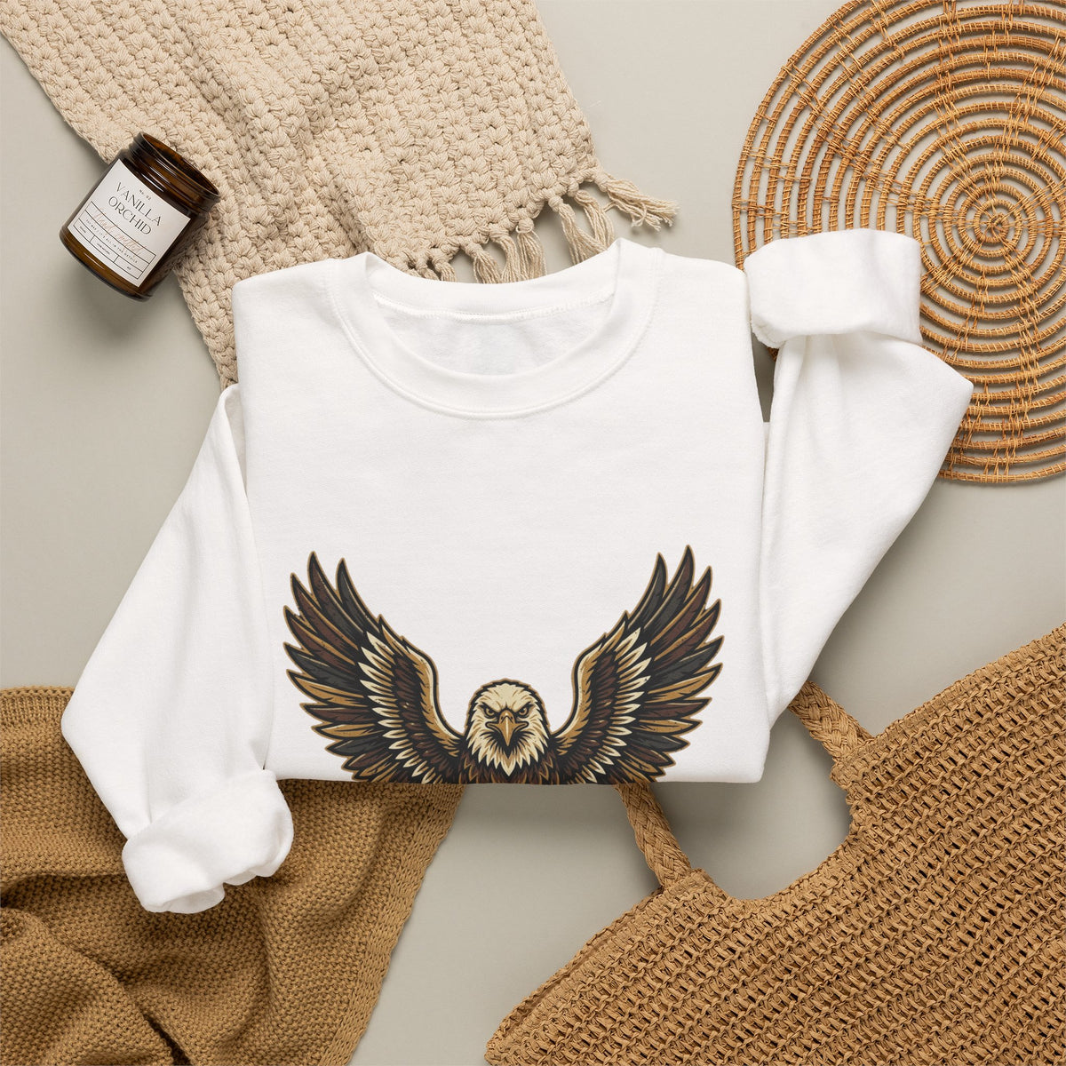 Eagle Graphic Crewneck Sweatshirt — Vintage Bald Eagle Wings Design